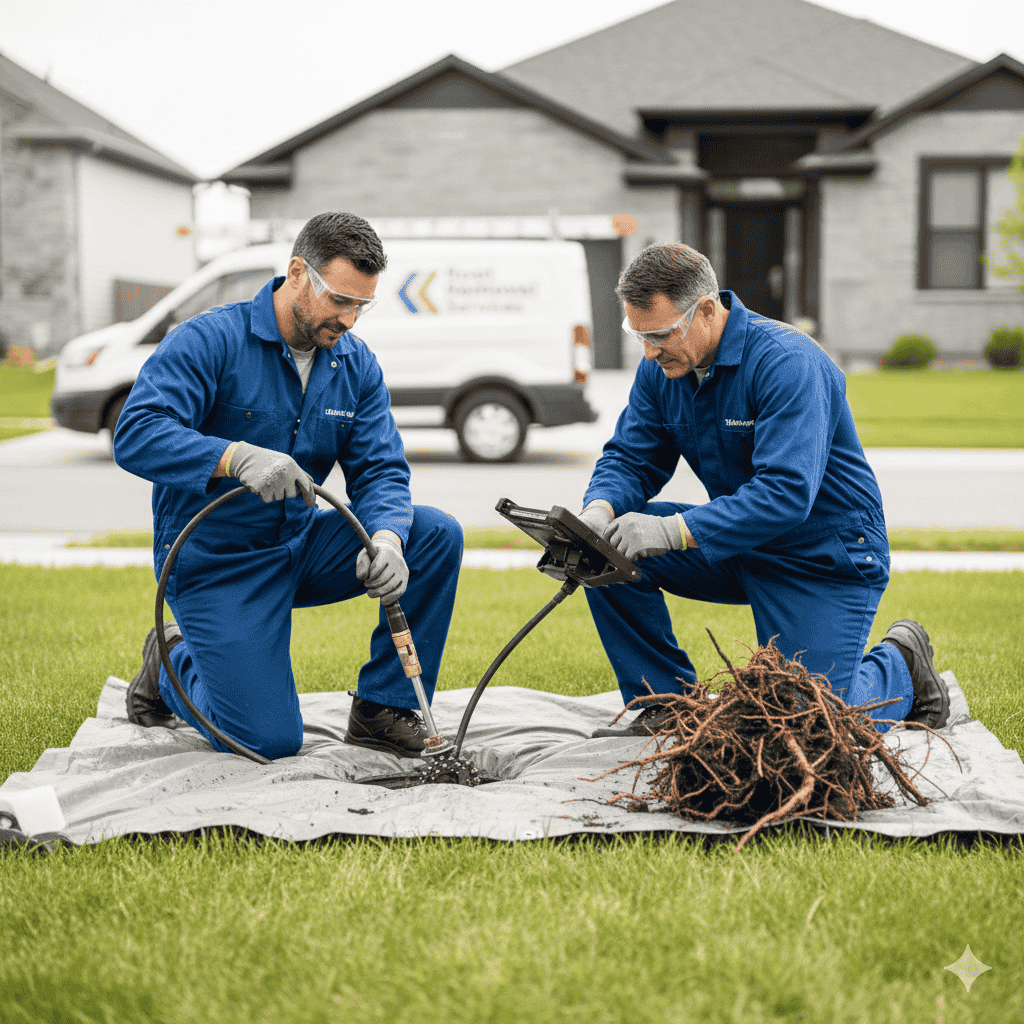 Mechanical root cutting blade removing dense tree root mass blocking residential sewer pipe in Abilene neighborhood